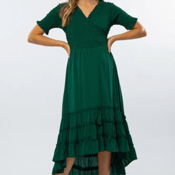 Polagram Dresses & Skirts - Polagram Smocked Hi Low Midi Ruffle Forest Green Dress Size Large